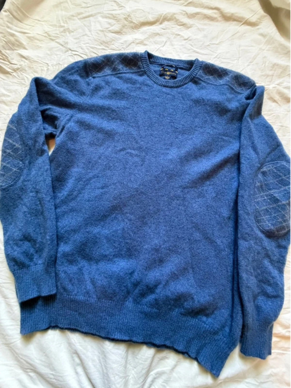 Club Room 100% Cashmere Blue Argyle Elbow Patches Mens Pullover Sweater size L